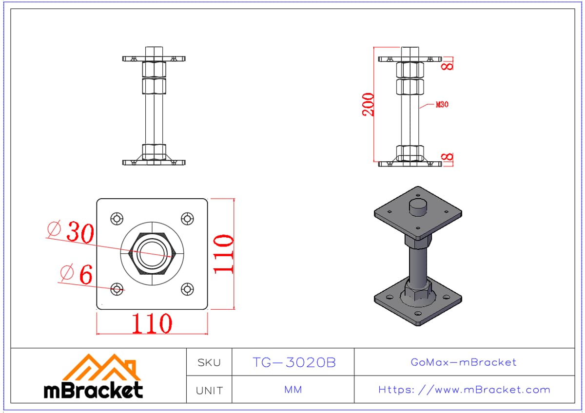 Adjustable Screw Jack / Leveling Screw / Timber Connector M30 - M30*200 Product Dimensions