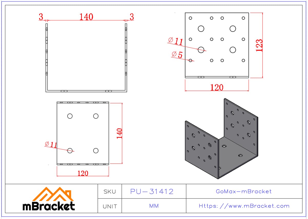 U-Column Base Connector Column Shoe Steel Column Base - 3*140*123*120 Product Dimensions