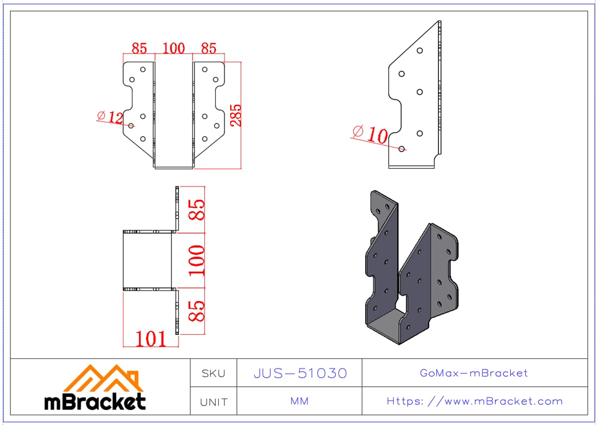 Heavy-Duty Joist Hanger Glulam Connector Steel Structure Reinforcement Hardware - 5*100*300 Product Dimensions