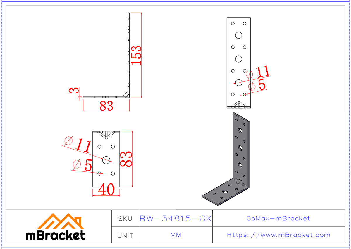 L-Shaped Angle Bracket Structural Connector Building Hardware Reinforcement Fittings - 3*40*80*150 Product Dimensions