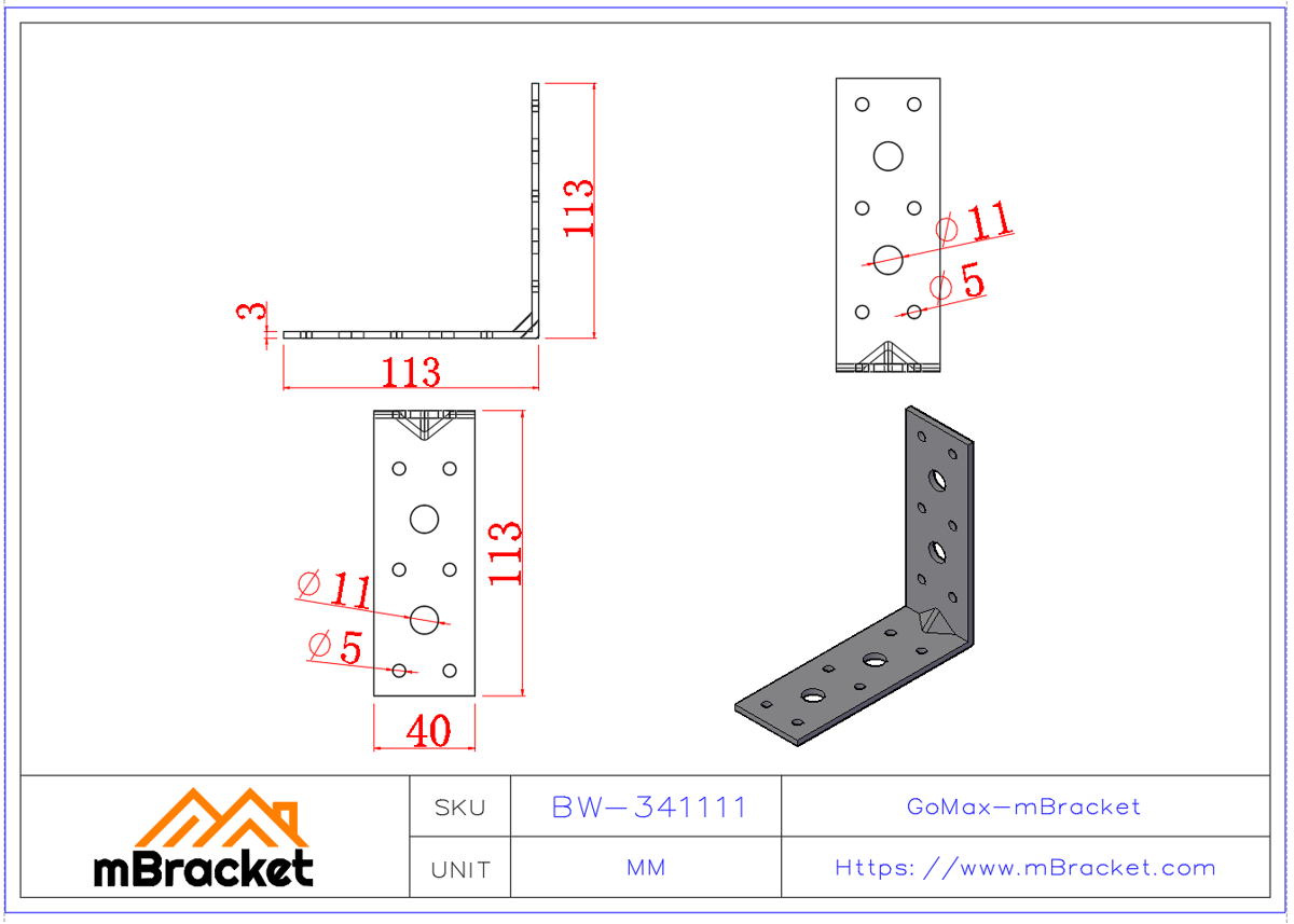 L-Shaped Angle Bracket Structural Connector Building Hardware - 3*40*110*110 Product Dimensions