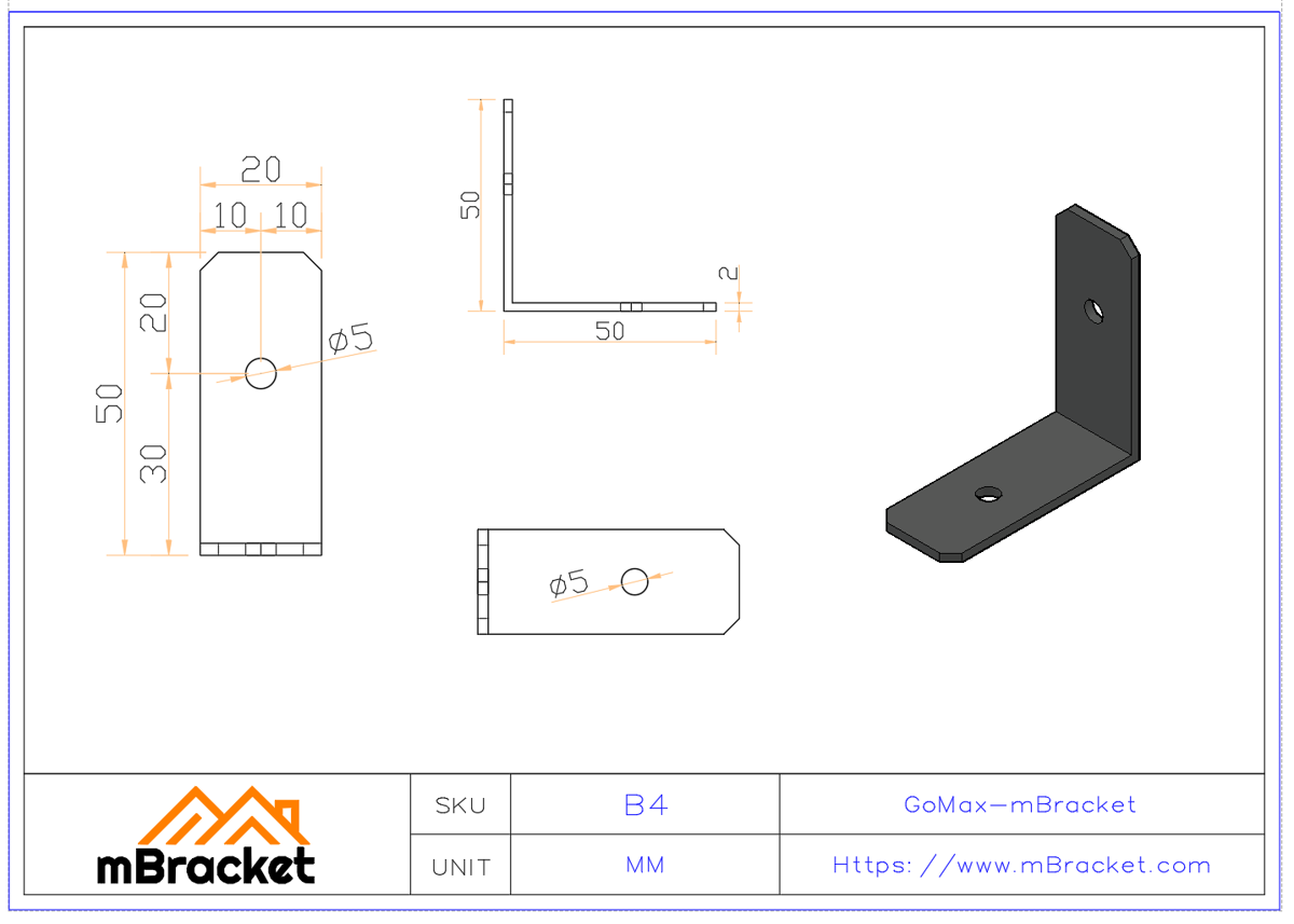Small L-Bracket Connector - 2*20*50*50 Product Dimensions