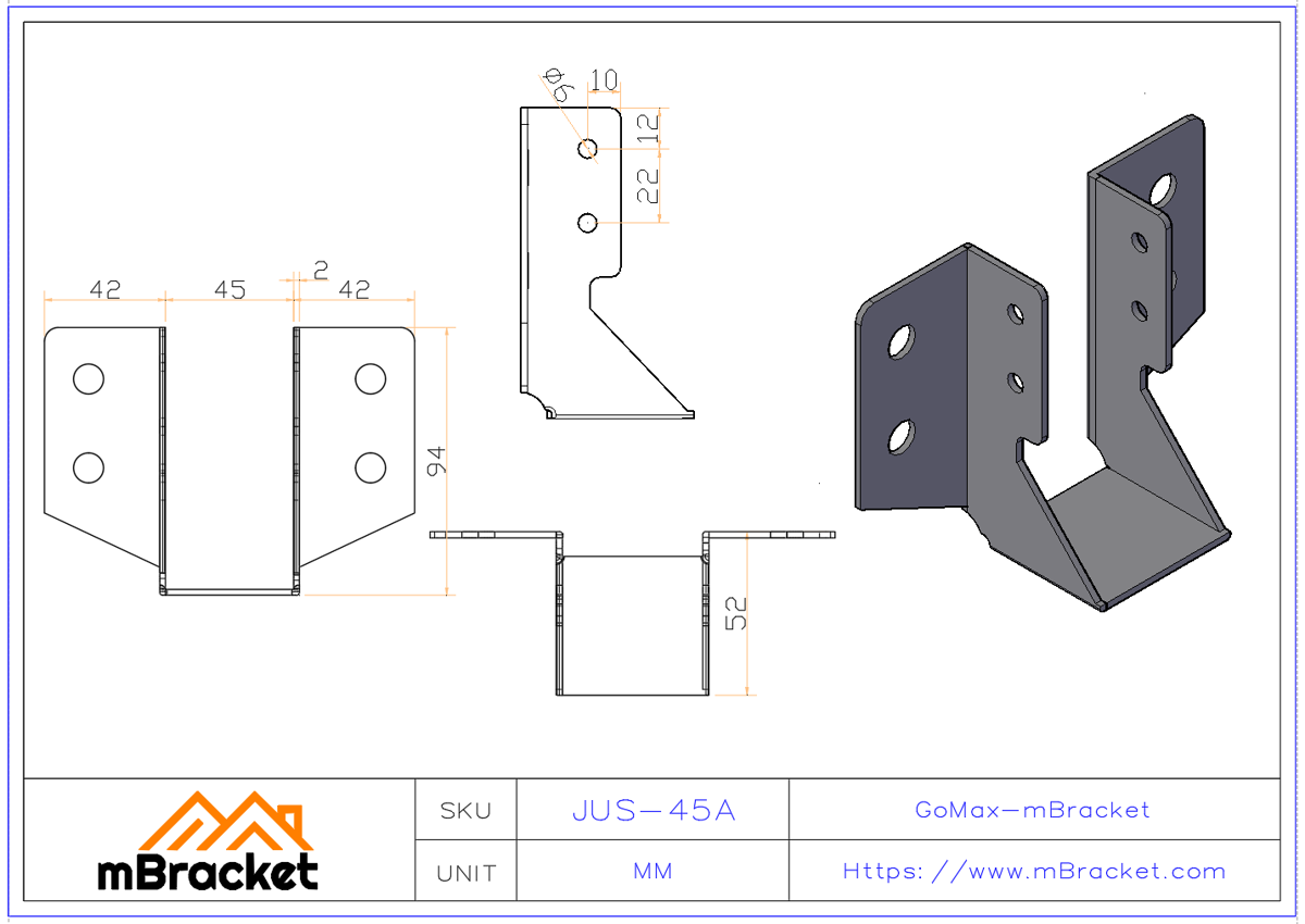 U-Shaped Stud Connector Light Gauge Steel Stud Horizontal Beam Fixing Bracket - 2*45*94 Product Dimensions