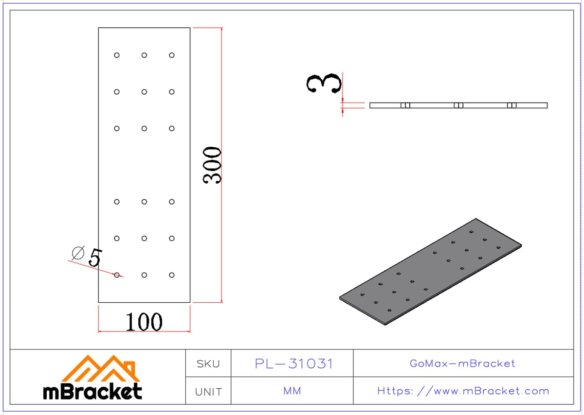 Flat Beam Connector, Timber Frame Metal Connector - 3*100*300 Product Dimensions