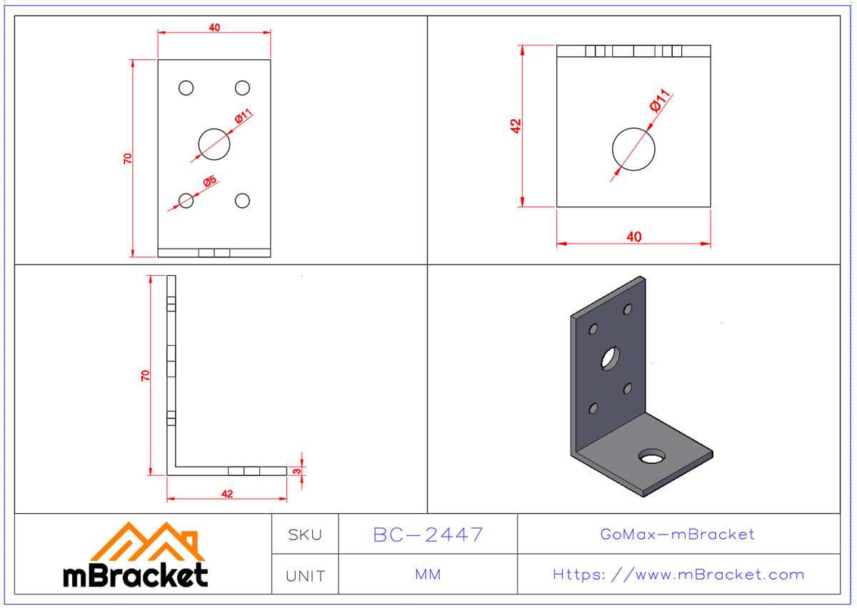 L-Shaped Angle Bracket Connector - 2*40*42*70 Product Dimensions