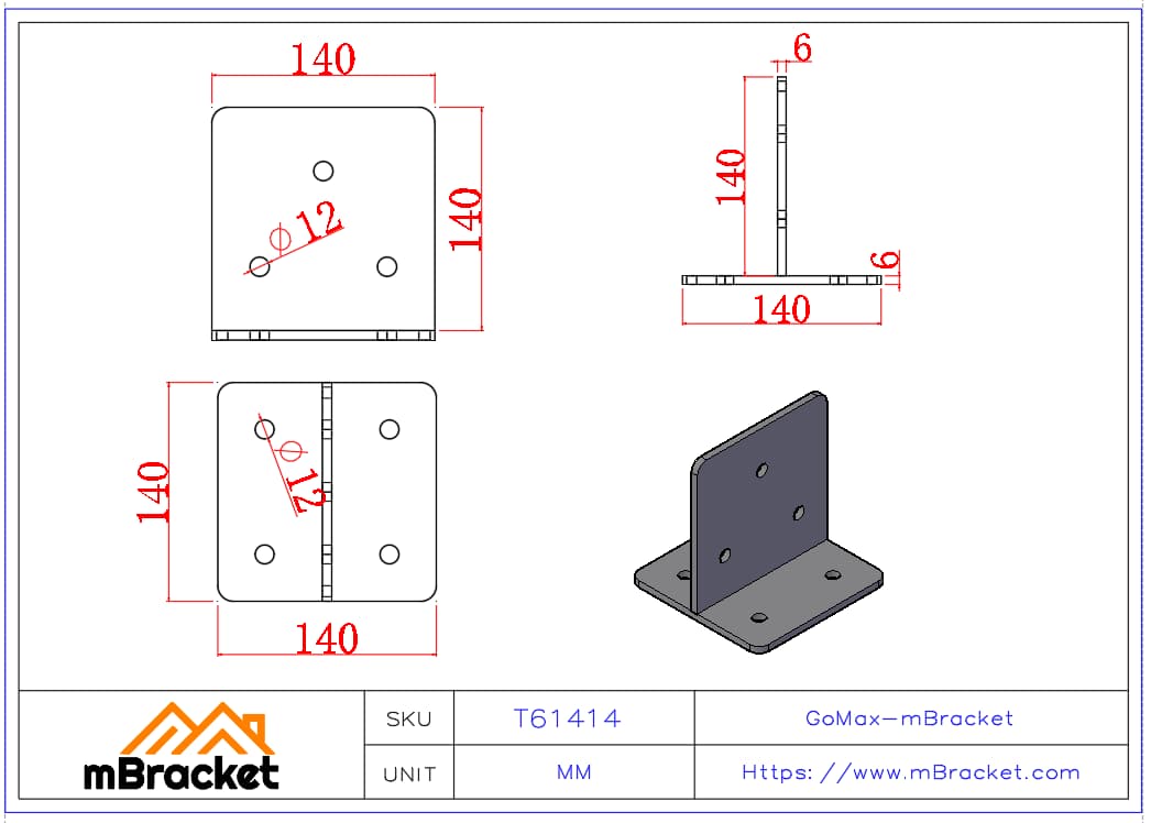 T-Type Post Base Concealed Angle Bracket Wood Column to Ground Connector - 6*140*140*140 Product Dimensions