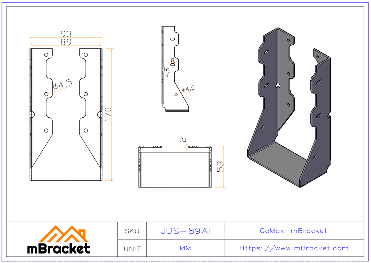 U-Shaped Beam Hanger Connector for Horizontal Joist-to-Beam Connection - 2*89*170 Product Dimensions