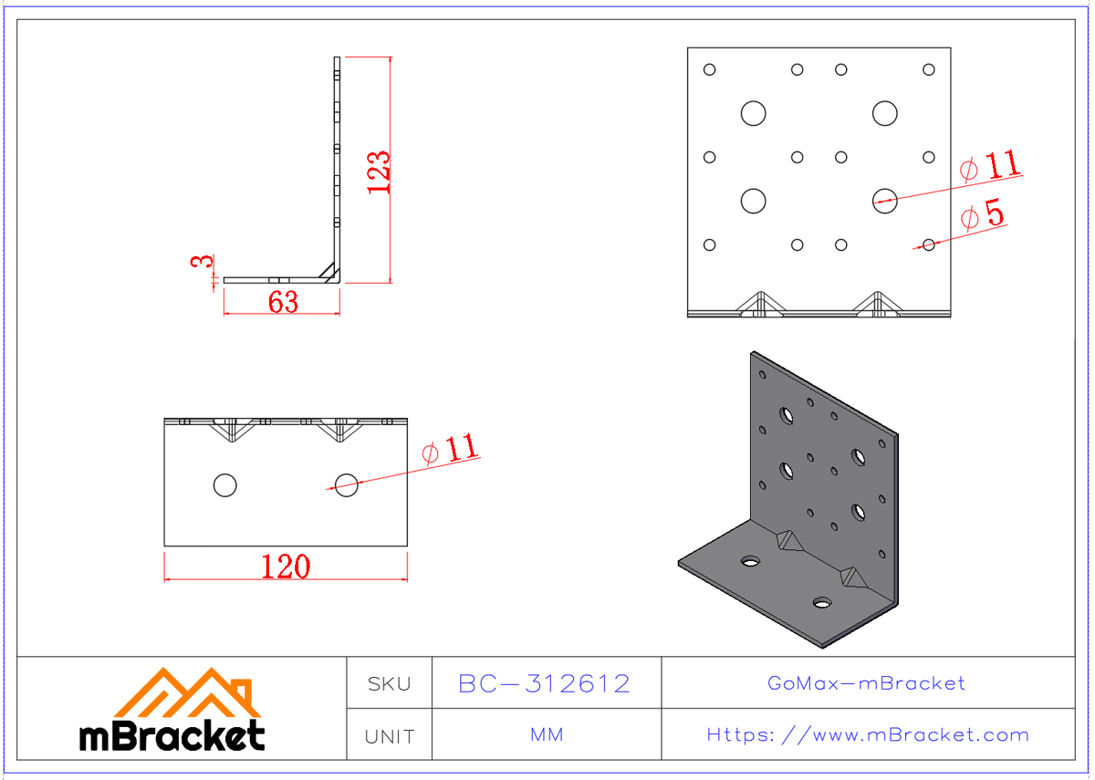 L-Shaped Angle Bracket Connector Structural Reinforcement Hardware - 3*120*60*120 Product Dimensions