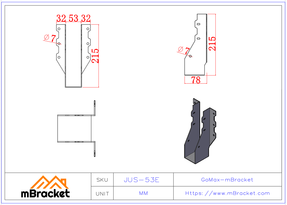 U-Shaped Beam Hanger Horizontal Wood Structure Connector - 2*53*215 Product Dimensions