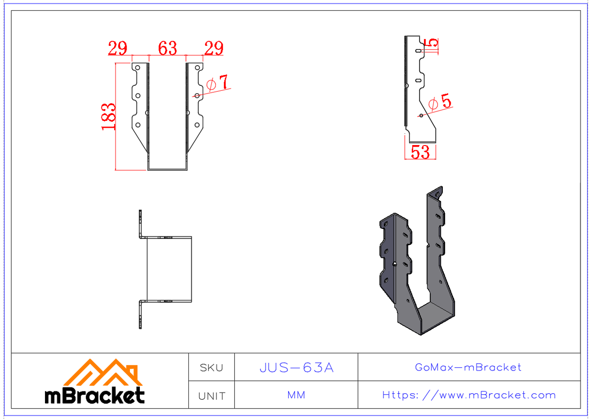 U-Shaped Beam Hanger Horizontal Wood Structure Connector Metal Fittings for Joist and Beam Connection - 2*63*183 Product Dimensions