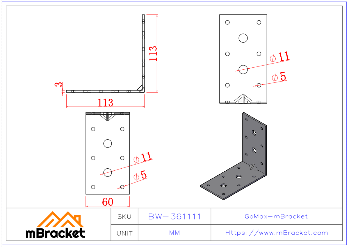 L-Shaped Angle Bracket Structural Connector Building Hardware Reinforcement Fittings - 3*60*110*110 Product Dimensions