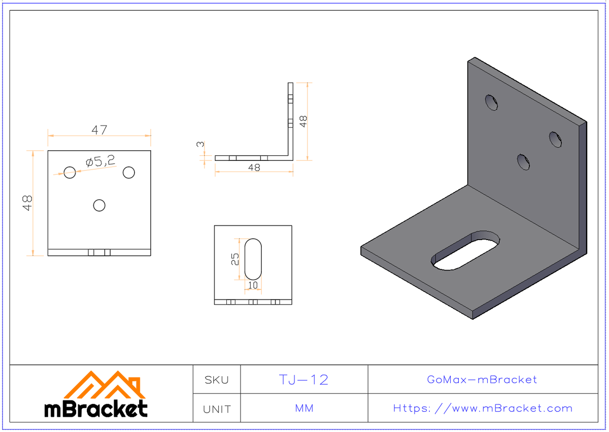 L-Shaped Angle Bracket Connector - Small Hole Version Product Dimensions