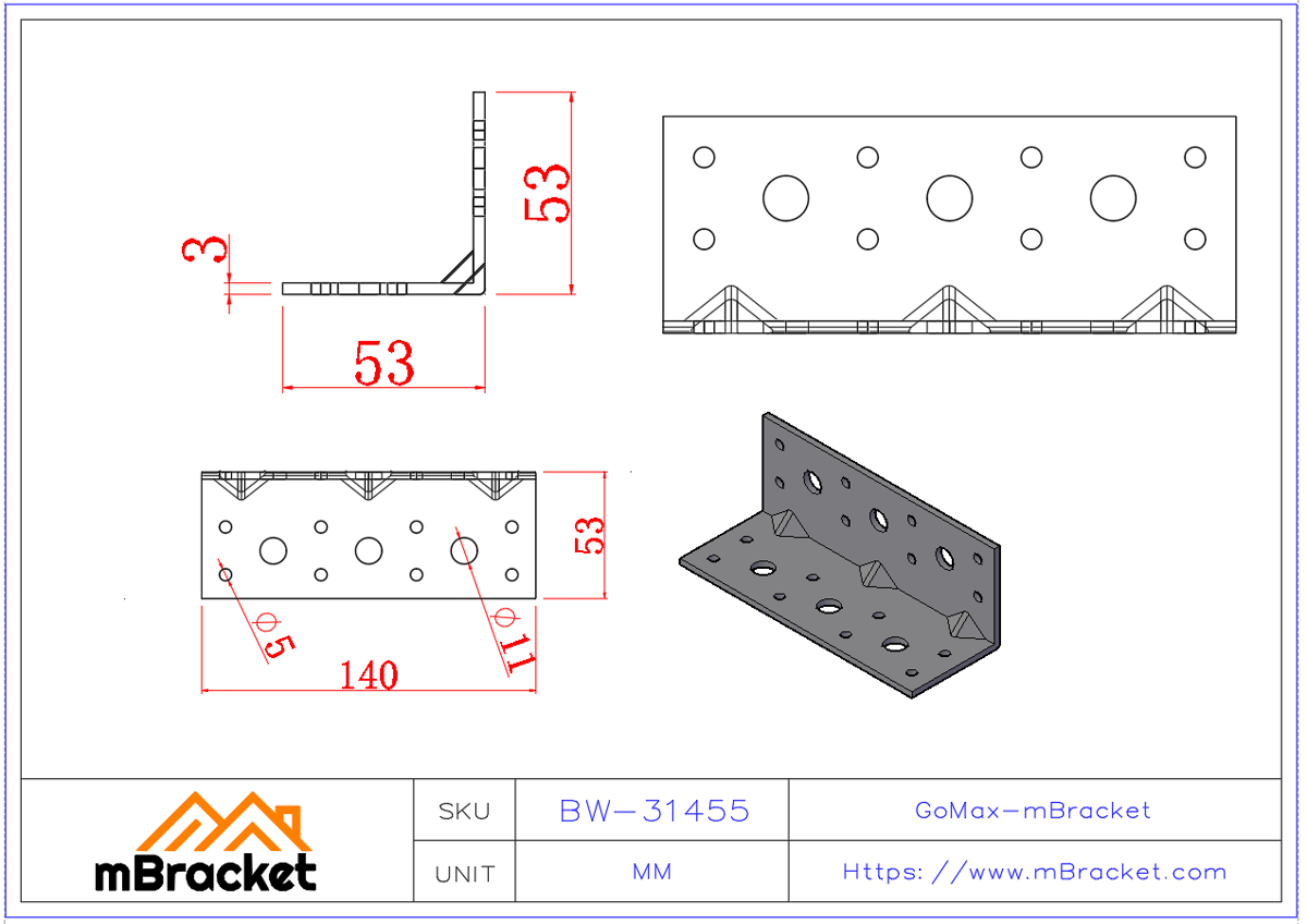 L-Shaped Angle Bracket Structural Connector Building Hardware Reinforcement Fittings - 3*140*50*50 Product Dimensions