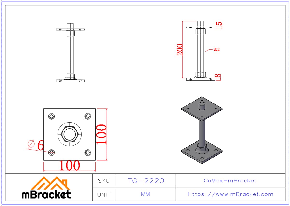 Timber House Jack Screw Adjustable Bolt M22*200 Structural Connector - M22*200 Product Dimensions