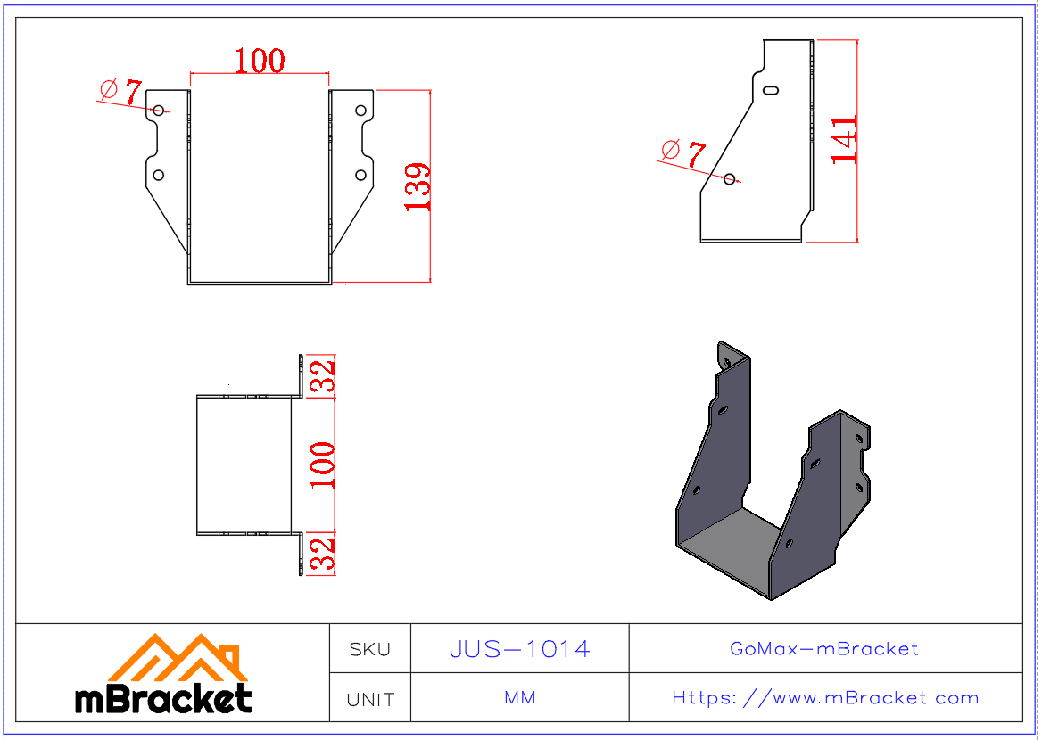 U-Shaped Beam Hanger Connector for Wood Frame Villas - 2*100*140 Product Dimensions