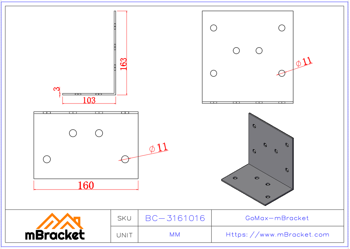 Angle Bracket Connector L-Shaped Angle Iron Structural Reinforcement Hardware - 3*160*100*160 Product Dimensions