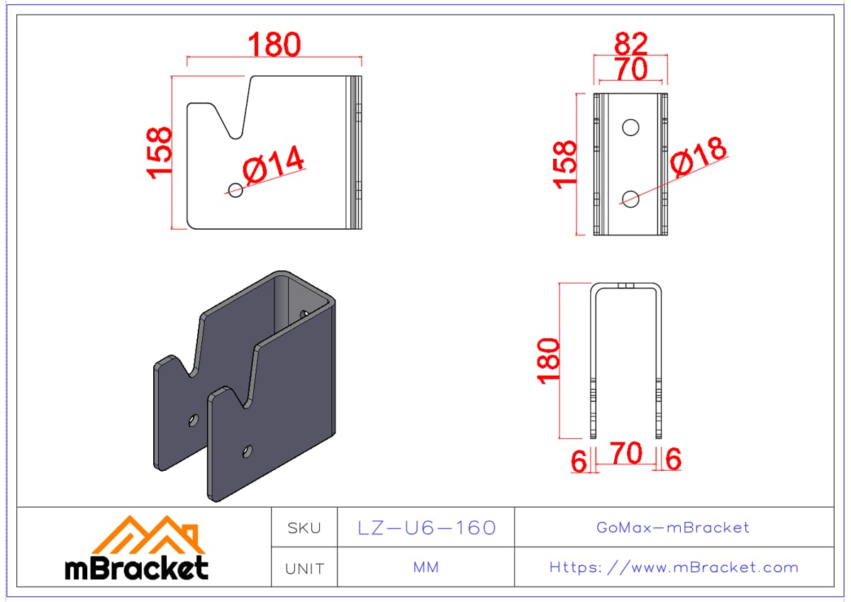 Concealed U-Shaped Beam-to-Column Connector for Japanese Timber Structures - 6*82*158 Product Dimensions