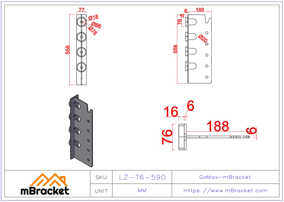 Japanese Concealed T-Shaped Beam-to-Column Connector for Timber Structures - 6*77*558 Product Dimensions