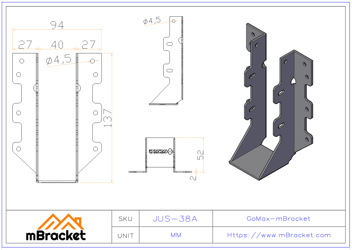 Wood Structure U-Type Beam Hanger 38mm Ledger Horizontal Connector - 2*38*135 Product Dimensions