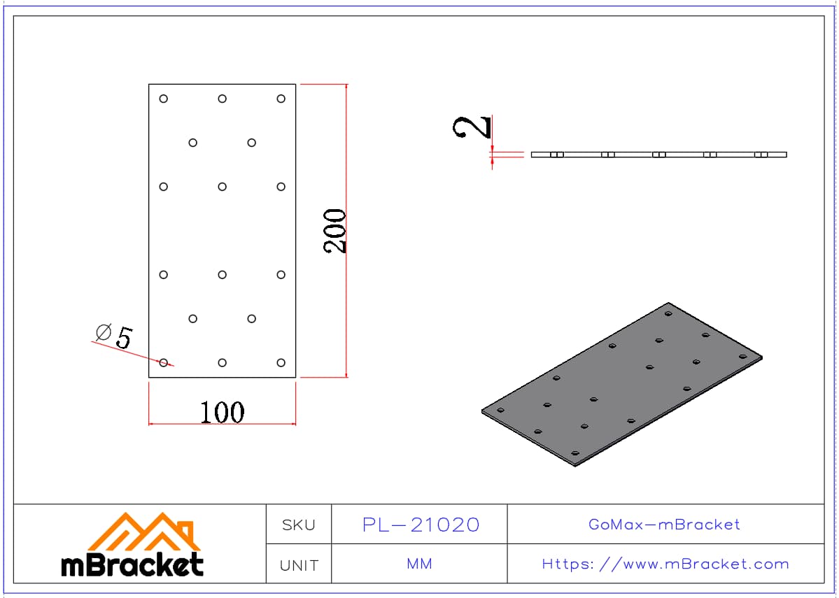 Flat Beam Connector Steel & Wood Structure Reinforcement Plate - 2*100*200 Product Dimensions