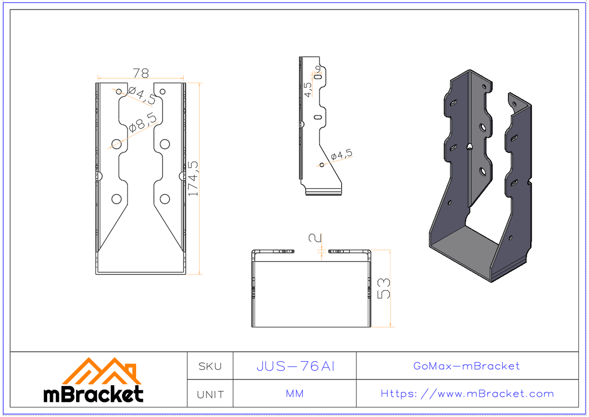 U-Shaped Beam Hanger Horizontal Wood Structure Connector - 2*76*175 Product Dimensions