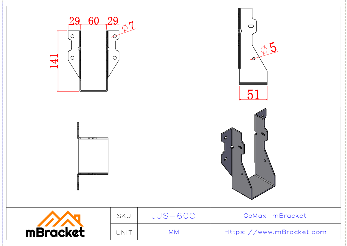 U-Shaped Beam Hanger Connector for Horizontal Joist-to-Beam Connection - 2*60*141 Product Dimensions