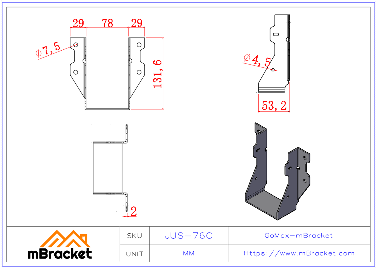 U-Shaped Beam Hanger Connector Wood Structure Horizontal Connection Metal Hanger - 2*76*132 Product Dimensions