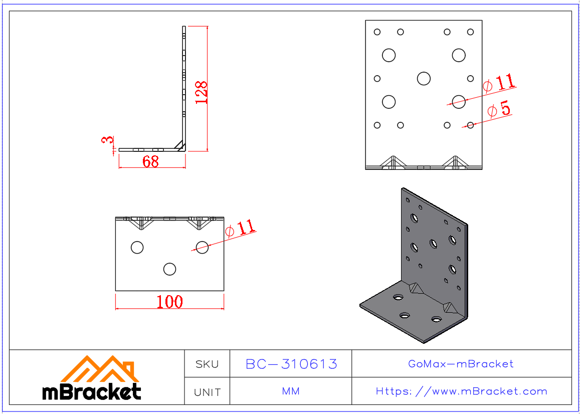 Angle Bracket Connector L-Shaped Angle Iron Structural Reinforcement Hardware Fittings - 3*100*70*130 Product Dimensions