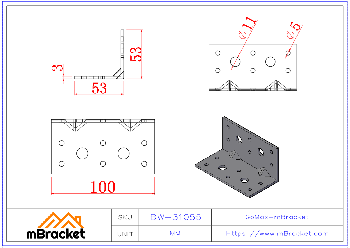 L-Shaped Angle Bracket Structural Connector Building Hardware Reinforcement Fittings - 3*100*50*50 Product Dimensions