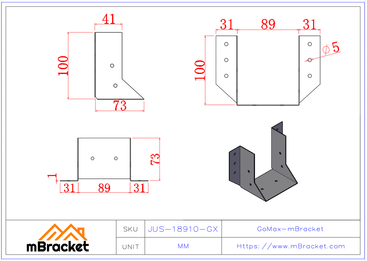 U-Shaped Beam Hanger Connector Wood Structure Beam-Column Reinforcement Bracket - 1*89*100 Product Dimensions