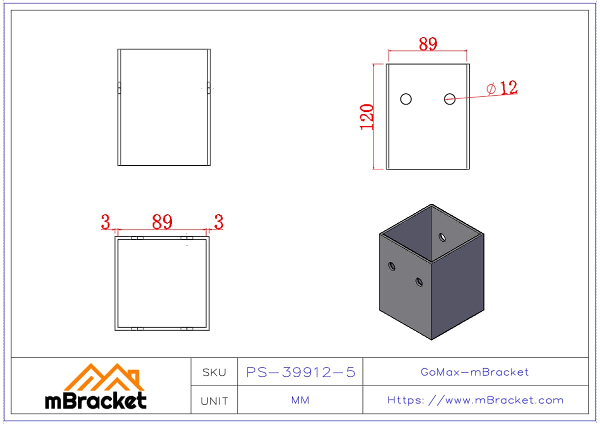 Square Open-Bottom Post Base Column Connector - 3*89*89*120 Product Dimensions