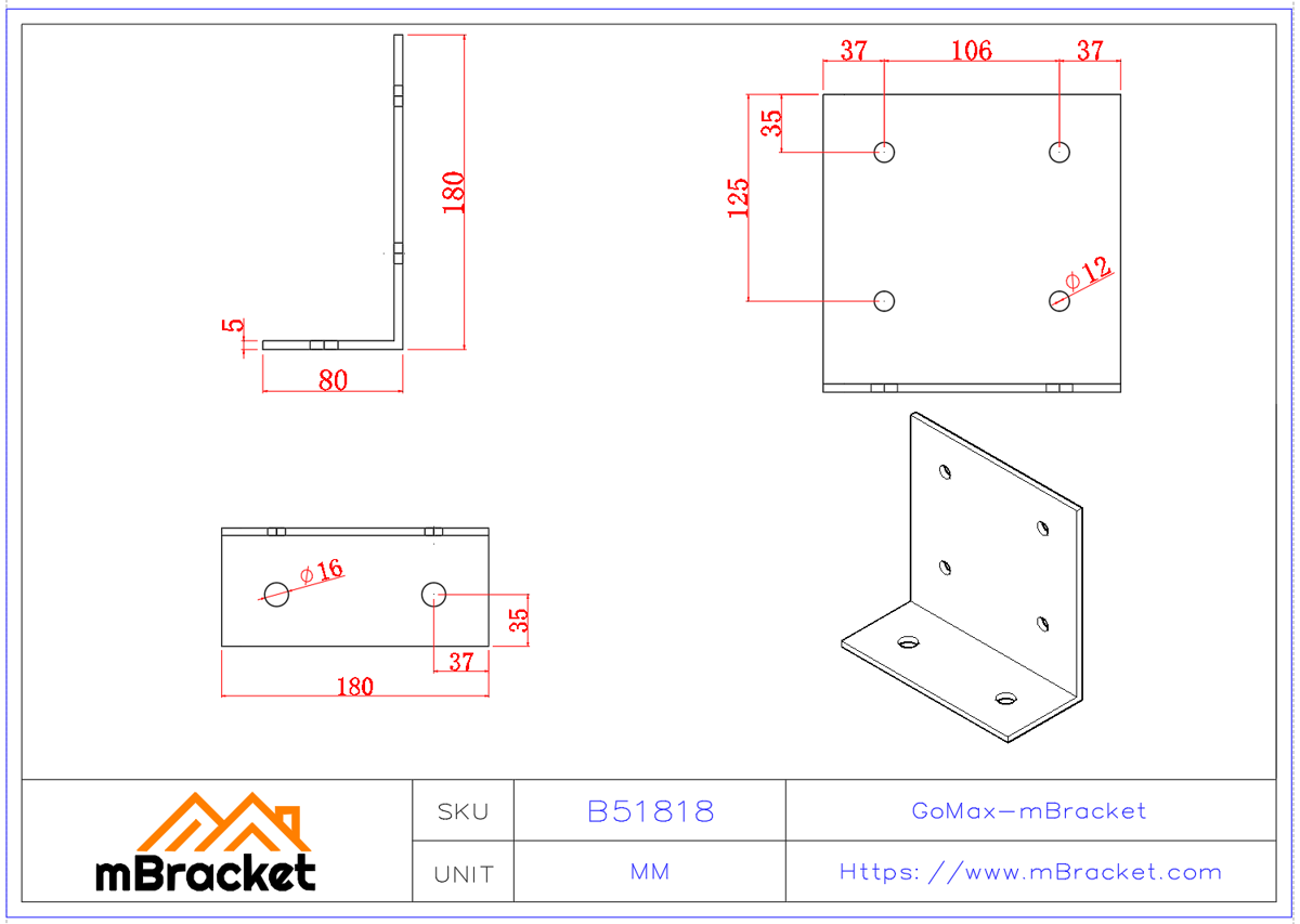 Heavy-Duty Angle Bracket Thickened Wood Structure Connector - 5*180*80*180 Product Dimensions