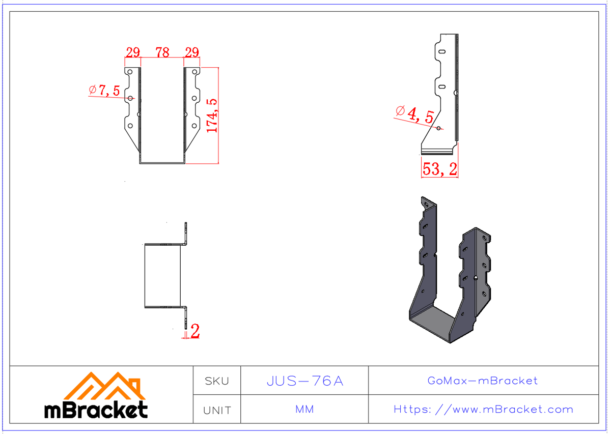U-Shaped Beam Hanger Connector Wood Structure Joist Beam Reinforcement Bracket - 2*76*175 Product Dimensions