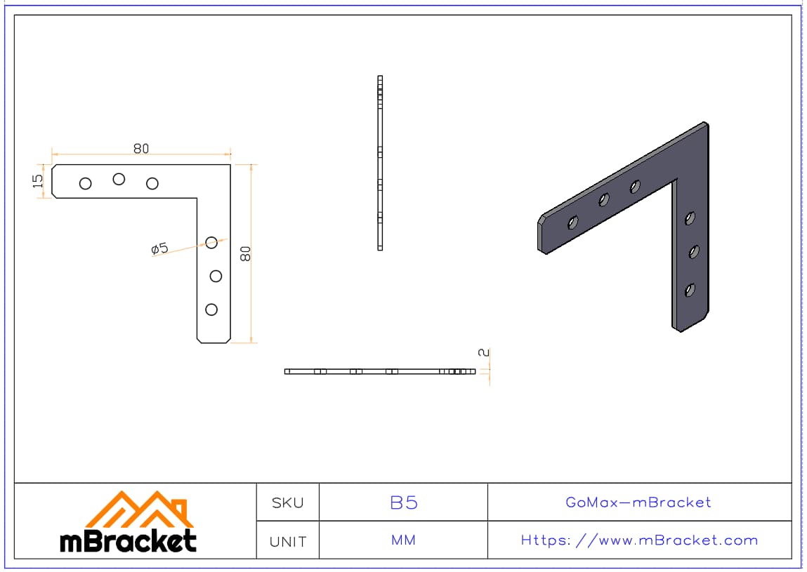 Flat Angle Bracket 90-Degree Connector - 2*80*80 Product Dimensions