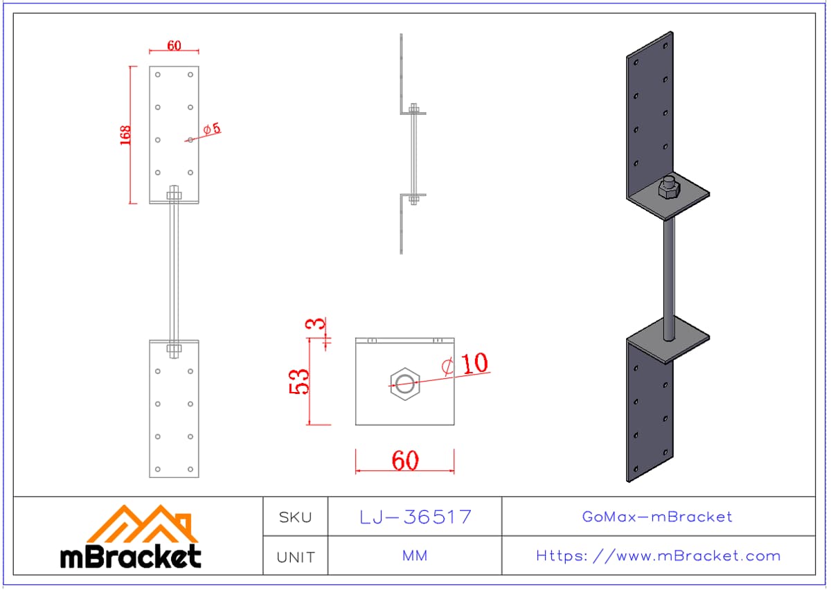 Floor Tie - Wind & Seismic Connector - Timber Connector - 3*60*50*170 Product Dimensions