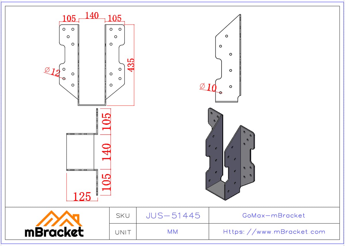 Heavy-Duty Joist Hanger Glulam Connector Timber Reinforcement Hardware - 5*140*430 Product Dimensions