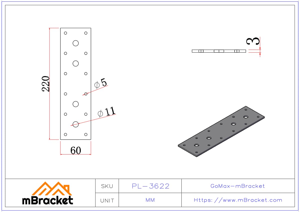 Flat Connector Plate Nail Plate Truss Connector Wood Roof Metal Connector - 3*60*220 Product Dimensions
