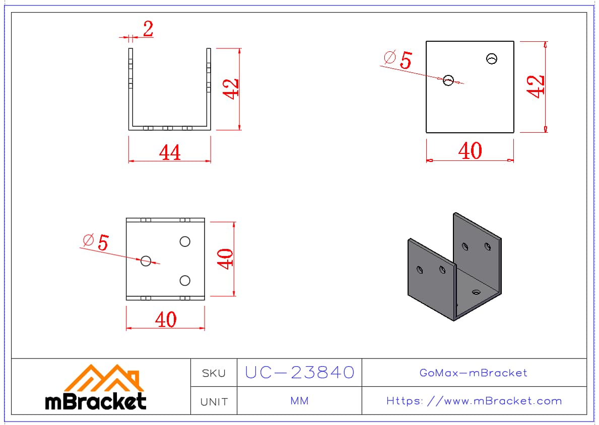 U-Connector for Wood Structure Connections - 2*38*40*42 Product Dimensions