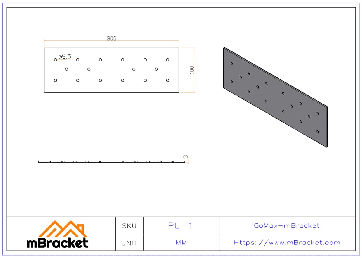 Flat Beam Connector Plate for Steel and Wood Structure Reinforcement - 3*100*300 Product Dimensions