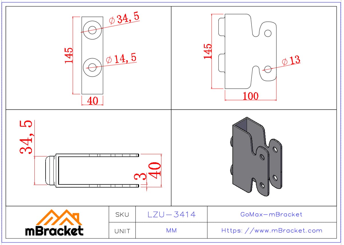Beam-to-Column U-Shaped Concealed Connector, Japanese-Style Structural Hardware - 3*40*145*100 Product Dimensions