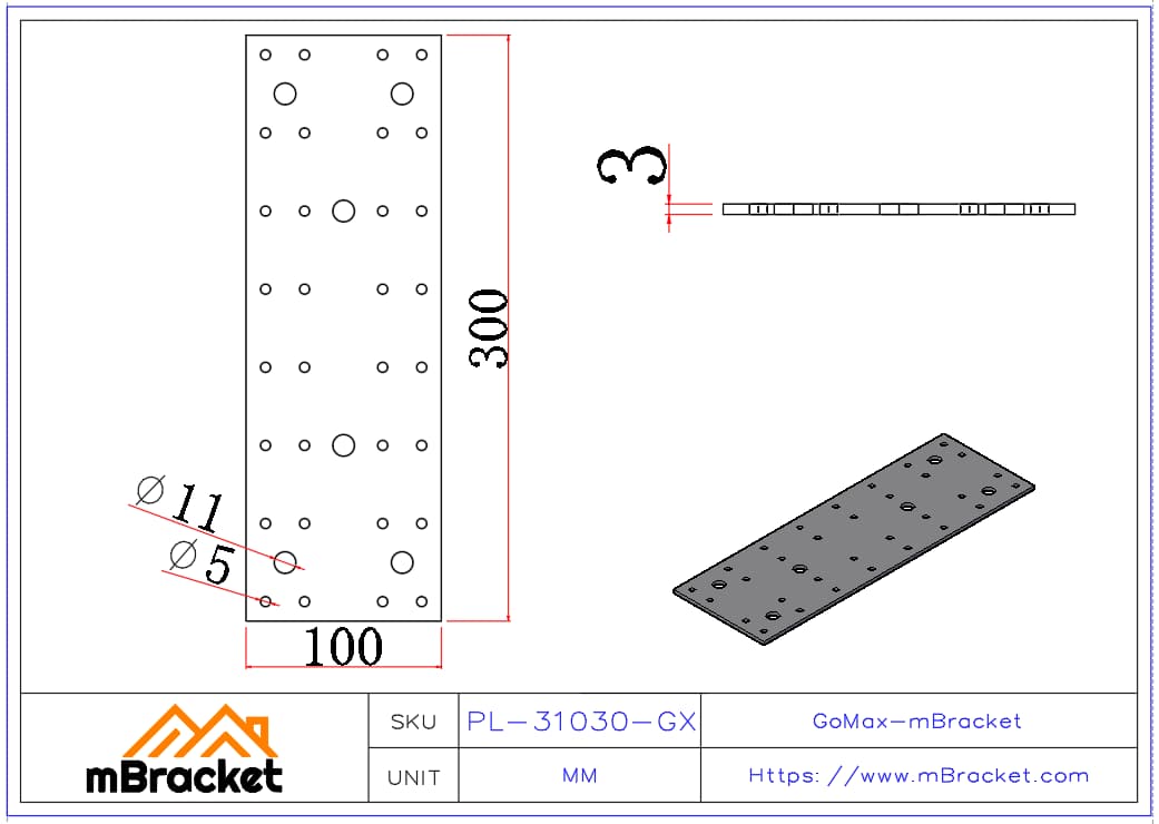 Flat Beam Connector Plate for Steel and Wood Structure Reinforcement - 3*100*300 Product Dimensions