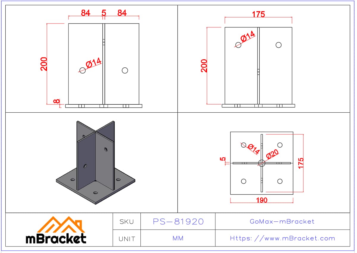 Cross-Shaped Concealed Post Base Connector Internal Cross Post Base Connector - 8*190*190*200 Product Dimensions