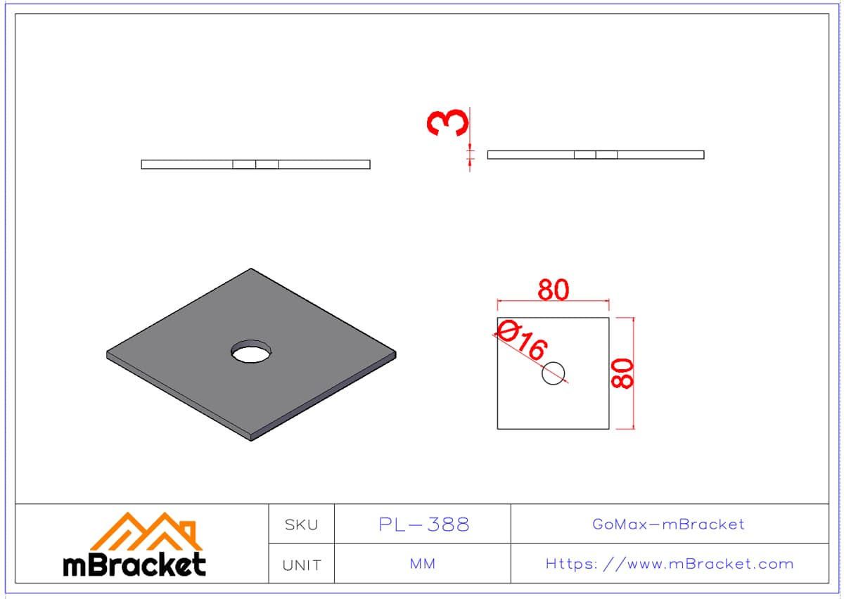 Square Flat Washer, Oversized Thick Washer, Structural Steel Washer - 3*80*80 Product Dimensions