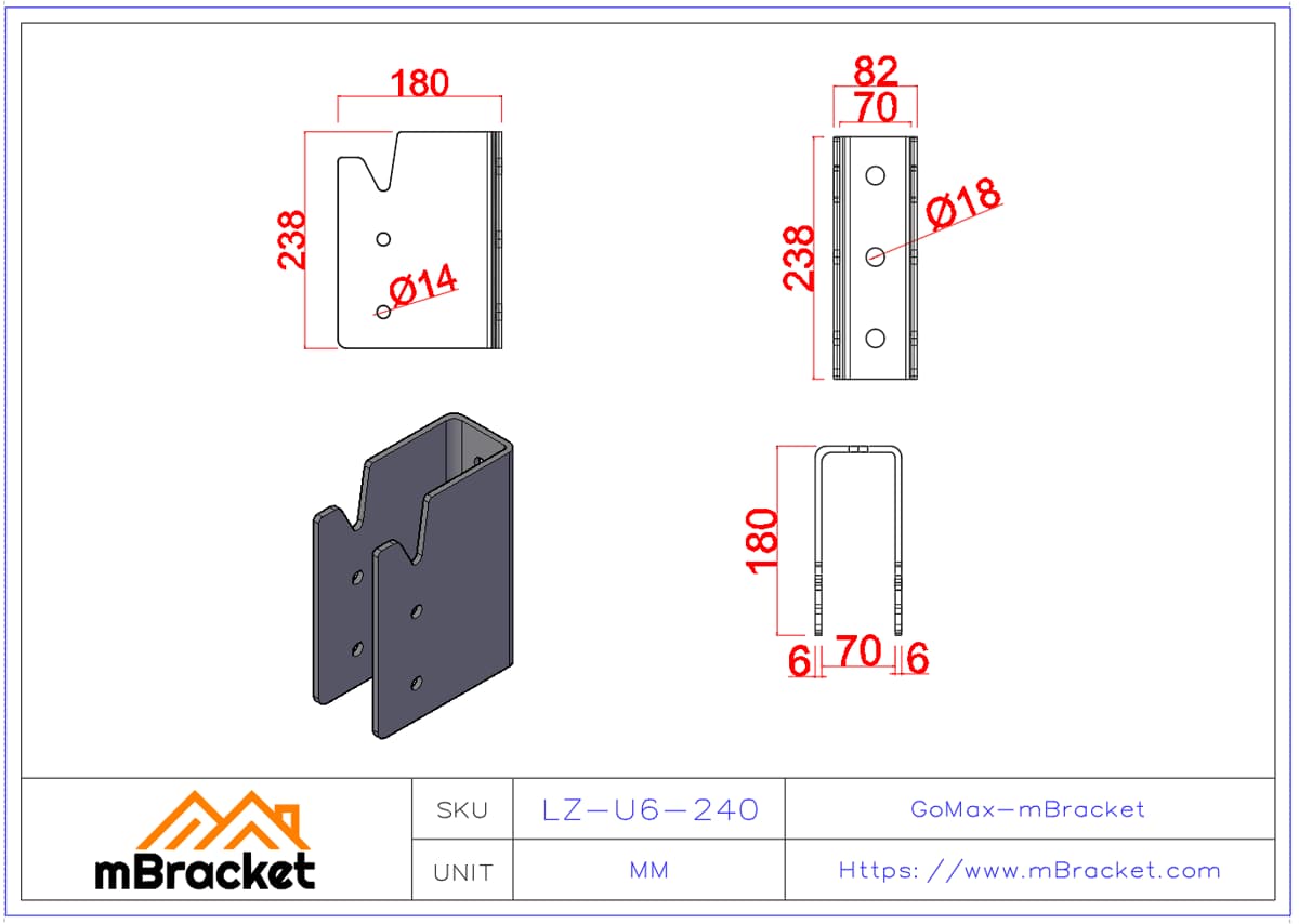 Concealed U-Shaped Beam-to-Column Connector for Japanese Timber Construction - 6*82*238 Product Dimensions