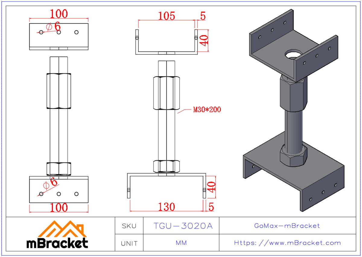 Heavy Duty Timber Column Lift Adjustable Screw 30mm Diameter - 30*200 Product Dimensions