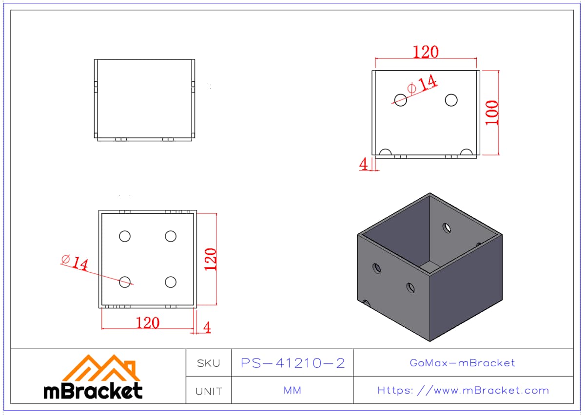 Square Post Base Column Base Connector Concrete Post Base - 4*120*120*100 Product Dimensions