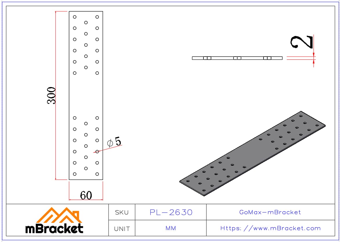 Flat Connector Plate, Nail Plate, Truss Connector, Wood Roof Metal Accessory - 2*60*300 Product Dimensions