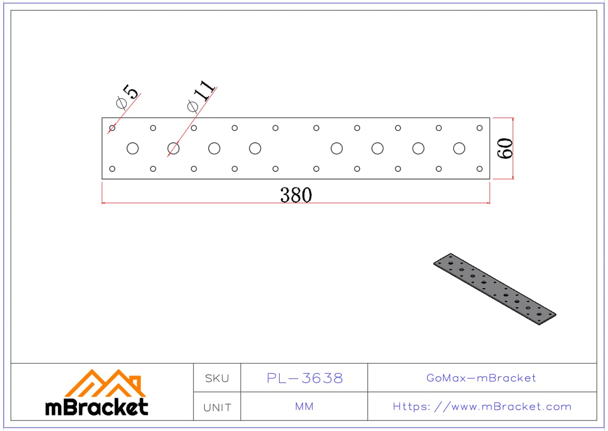 Flat Connector Plate, Nail Plate, Truss Connector, Wood Roof Metal Hardware, Wood Splice Connector - 3*60*380 Product Dimensions