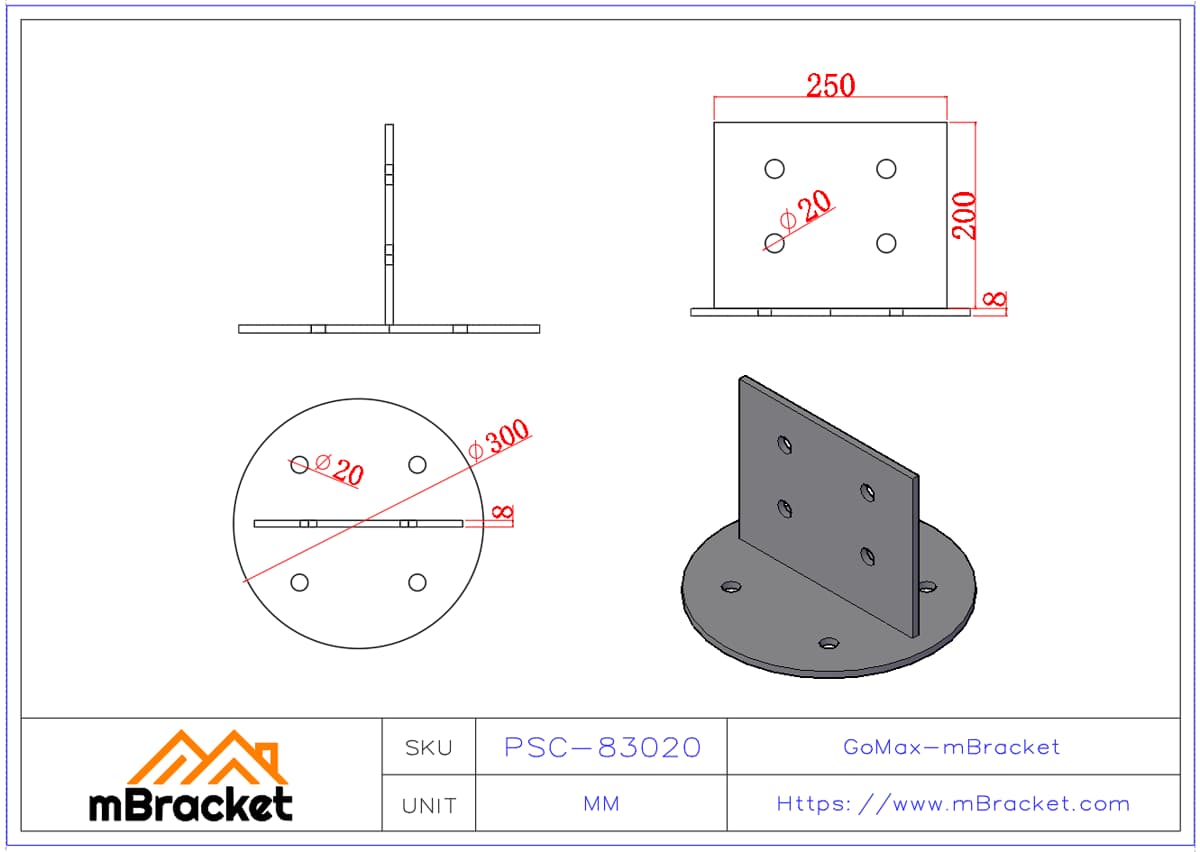 Round Post Base T-Connector Concealed Post Connector - 8*300*200 Product Dimensions
