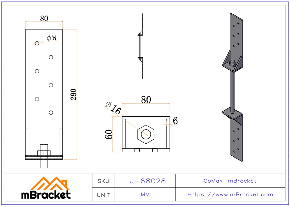 Floor Tie, Wind and Seismic Connector, Timber Connector - 6.0*80*280 Product Dimensions